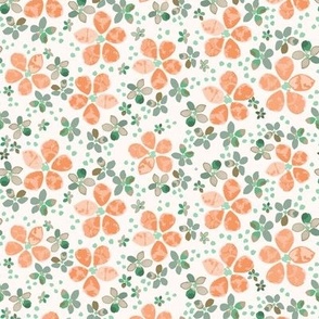 400 - Medium scale watercolour orange flowers  Floriography_in orange and green for sweet baby and children apparel, kitchen accessories, aprons, pot holders, napkins and romantic bed sheets 