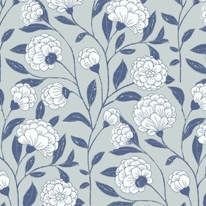 Good luck white Peonies, hand drawn delicate Trailing blooms on blue and gray background-small