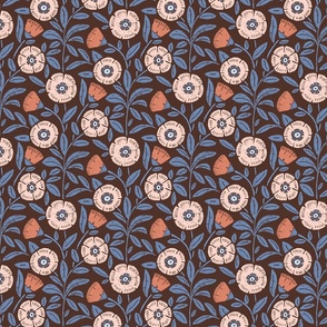 Retro Trailing blooms cool block print inspired, marron brown, calm blue and orange, small