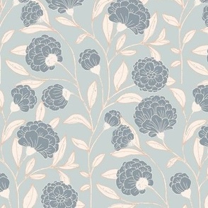 Hand drawn delicate trailing Chrysanths, cozy retro, on light blue gray background-small