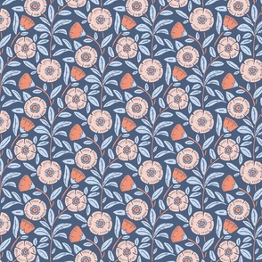 Grovvy block print inspired trailing blooms, blush blush peach fuzz, blue background- Small
