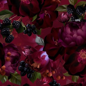 Large Opulent Burgundy Antique Baroque Luxury Maximalistic Flowers Romanticism - Gothic And Mystic inspired 