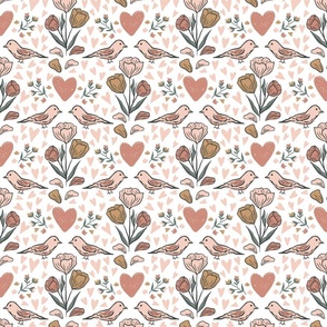  Spring Flowers and Birds in Gold and Pink, Whimsical, Florals, Medium