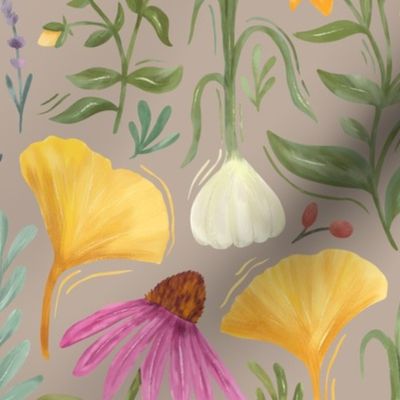 Medicinal Botanical Plants and Herbs - painted multicoloured - tan - medium