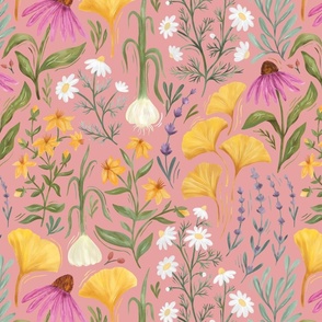 Medicinal Botanical Plants and Herbs - painted multicoloured - pink - medium