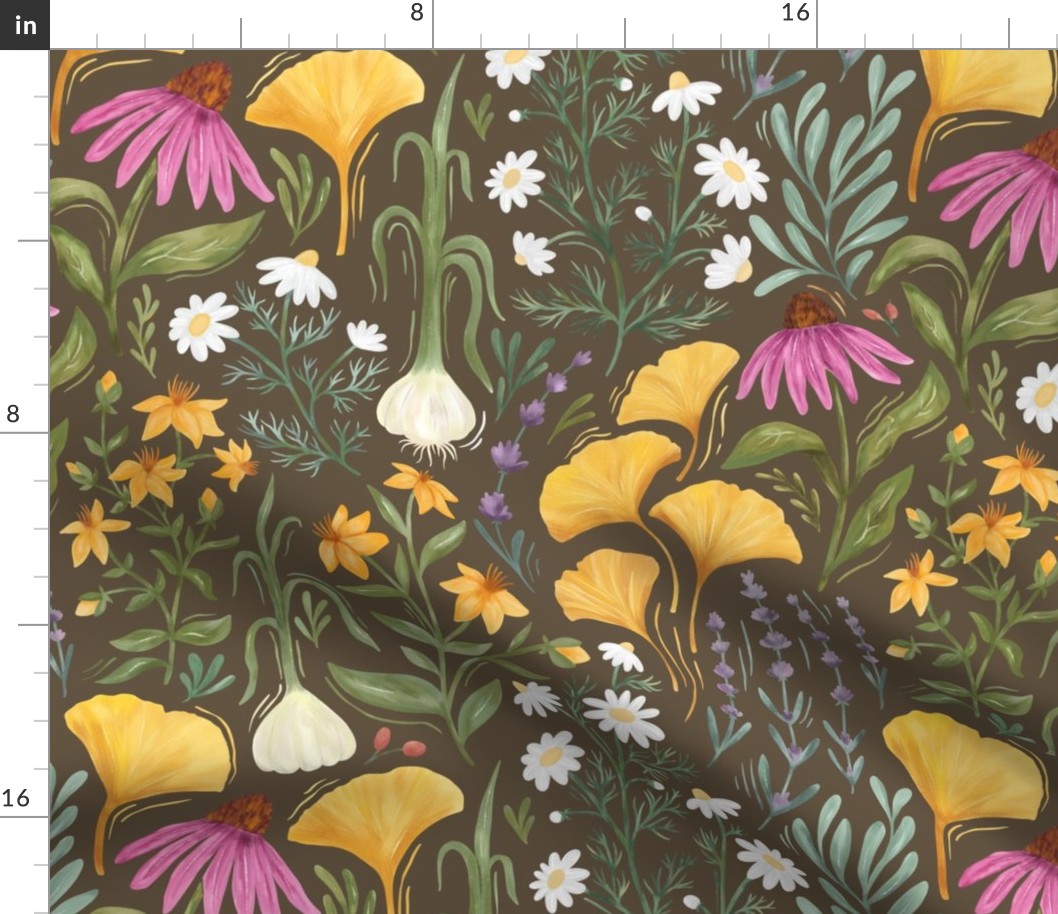 Medicinal Botanical Plants and Herbs - painted multicoloured - brown - medium