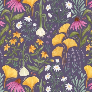 Medicinal Botanical Plants and Herbs - painted multicoloured - purple - medium