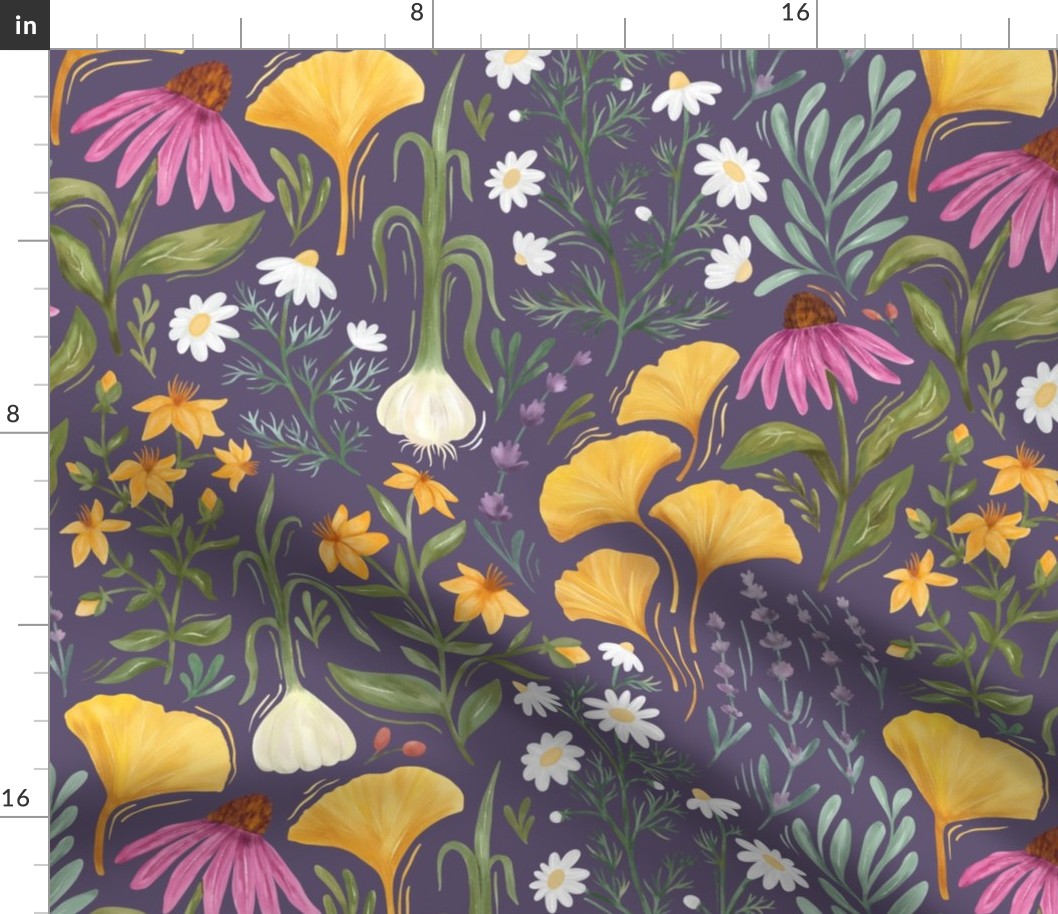 Medicinal Botanical Plants and Herbs - painted multicoloured - purple - medium