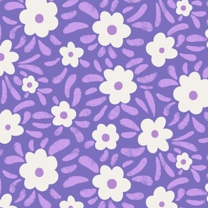 Half-Drop Simple Tropical Floral - White on Purple - 13.33" x 13.33"