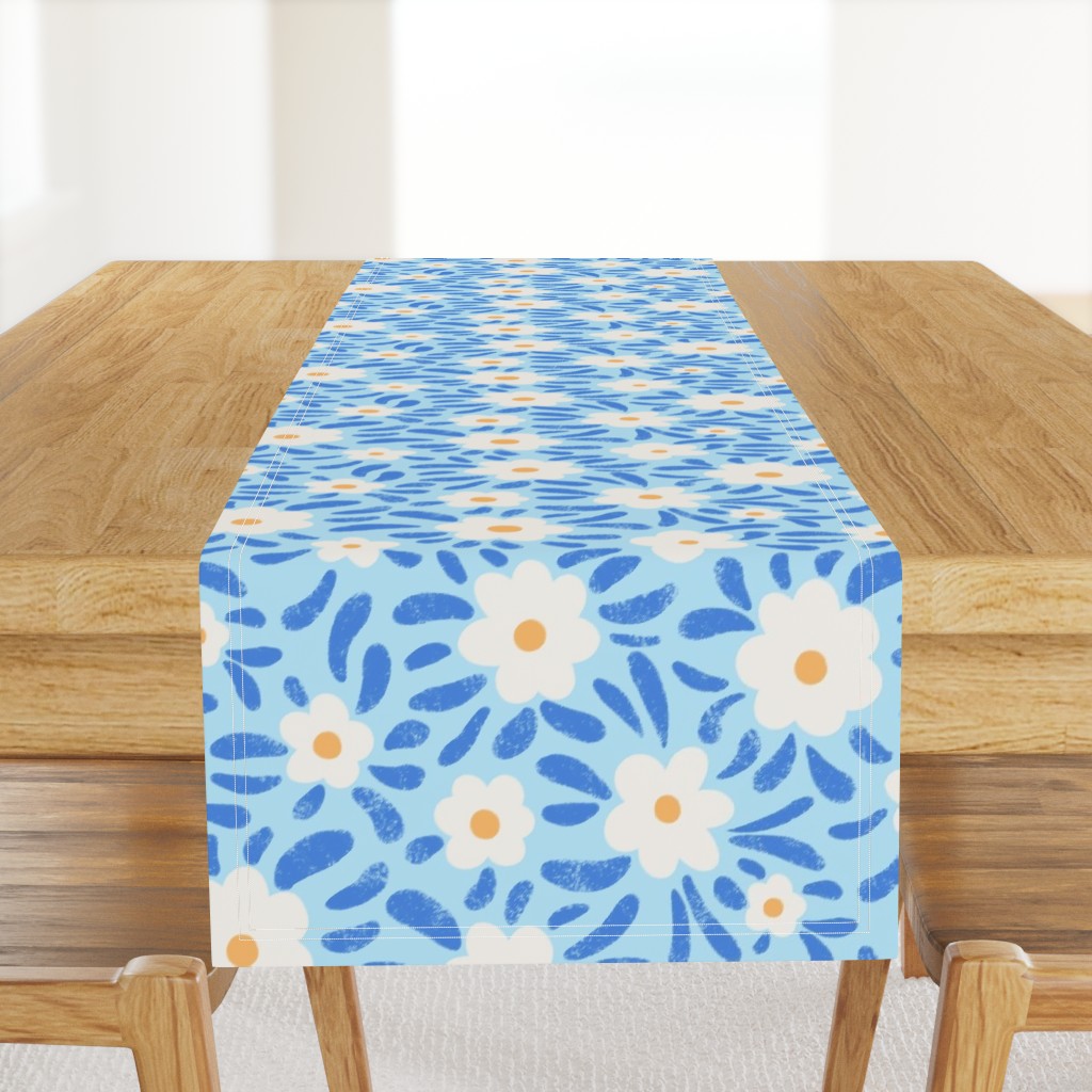 Half-Drop Simple Tropical Floral - White on Blue - 13.33" x 13.33"