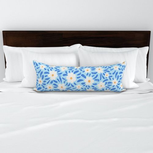 Half-Drop Simple Tropical Floral - White on Blue - 13.33" x 13.33"