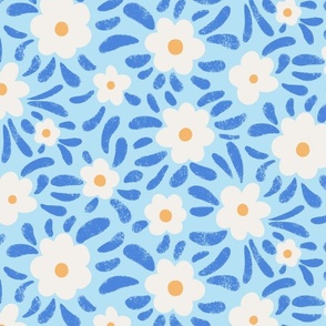 Half-Drop Simple Tropical Floral - White on Blue - 13.33" x 13.33"