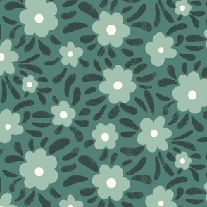 Half-Drop Simple Tropical Floral - Light Green on Dark Green - 13.33" x 13.33"