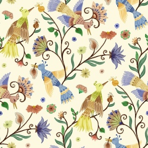Watercolor Painted Paradise Birds with Indian Florals - Large