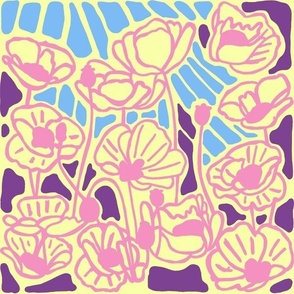 Block Print Poppies - Full Block - Robin Blue, Pink & Plum