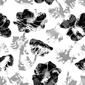 black and white pattern with watercolor flowers on a white background