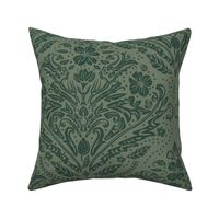 modern victorian damask, floral ornaments, dark hunter green on sage green - large scale