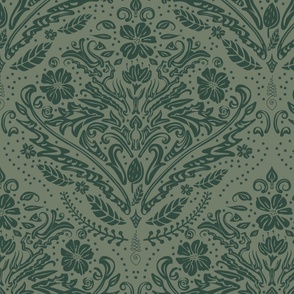modern victorian damask, floral ornaments, dark hunter green on sage green - large scale