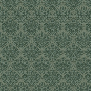 modern victorian damask, floral ornaments, dark hunter green on sage green - small scale