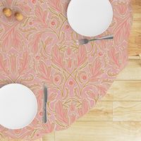 (L) Baroque Damask Leaves in shades of light and bright pink, goldenrod yellow and off white