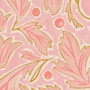 (L) Baroque Damask Leaves in shades of light and bright pink, goldenrod yellow and off white