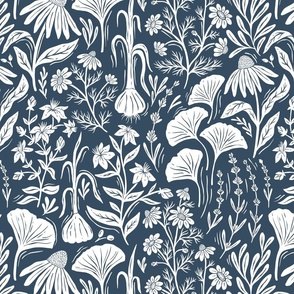 Medicinal Botanical Plants and Herbs - linocut block print - blue and white - medium