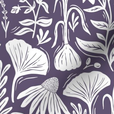 Medicinal Botanical Plants and Herbs - linocut block print - purple and white - medium
