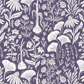 Medicinal Botanical Plants and Herbs - linocut block print - purple and white - medium