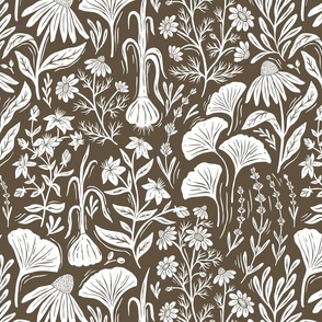 Medicinal Botanical Plants and Herbs - linocut block print - brown and white - medium