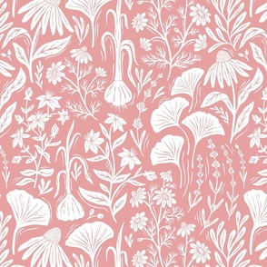 Medicinal Botanical Plants and Herbs - linocut block print - bubblegum pink and white - medium