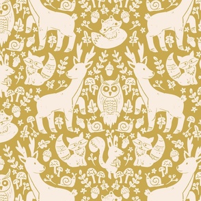 big// Forest Animals Block Print Deer Squirrel Fox Mushrooms Yellow and Cream