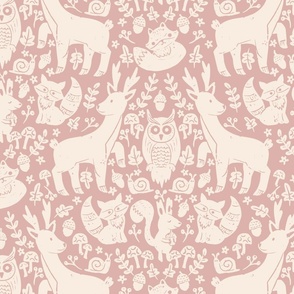 big// Forest Animals Block Print Deer Squirrel Fox Mushrooms Cream and Pink