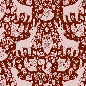 big// Forest Animals Block Print Deer Squirrel Fox Mushrooms Pink and deep red