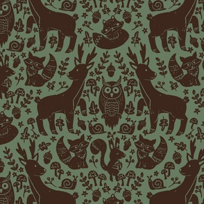 big// Forest Animals Block Print Deer Squirrel Fox Mushrooms Brown and Green