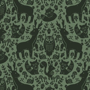 big// Forest Animals Block Print Deer Squirrel Fox Mushrooms Green Block