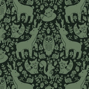 big// Forest Animals Block Print Deer Squirrel Fox Mushrooms Deep Green