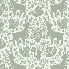 big// Forest Animals Block Print Deer Squirrel Fox Mushrooms Soft Green