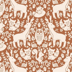 big// Forest Animals Block Print Deer Squirrel Fox Mushrooms Cream and Brick