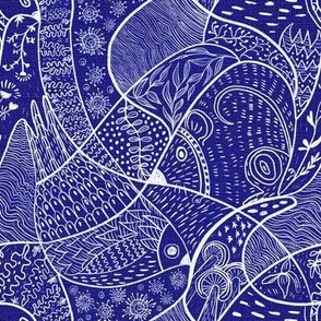 Faux block print doodles with birds and mouse, handdrawn on deep blue 6” repeat