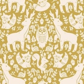 medium// Forest Animals Block Print Deer Squirrel Fox Mushrooms Yellow and Cream