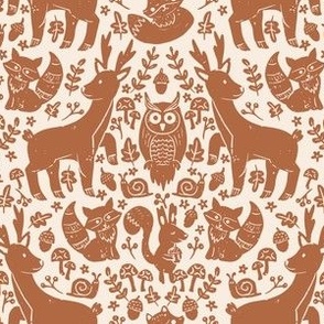 medium// Forest Animals Block Print Deer Squirrel Fox Mushrooms Brick Brown