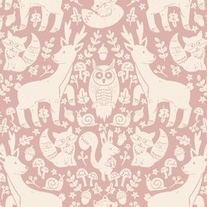 medium// Forest Animals Block Print Deer Squirrel Fox Mushrooms Cream and Pink