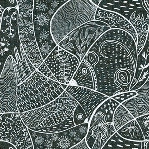 Faux block print doodles with birds and mouse, handdrawn on charcoal grey green6” repeat