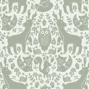 medium// Forest Animals Block Print Deer Squirrel Fox Mushrooms Soft Green