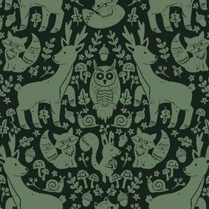 medium// Forest Animals Block Print Deer Squirrel Fox Mushrooms Deep Green