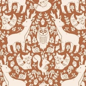 medium// Forest Animals Block Print Deer Squirrel Fox Mushrooms Cream and Brick