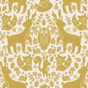 medium// Forest Animals Block Print Deer Squirrel Fox Mushrooms Yellow