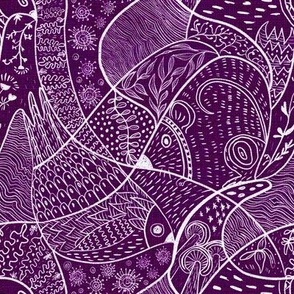 Faux block print doodles with birds and mouse, handdrawn on deep purple 8” repeat