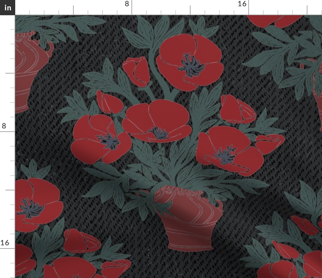 California Poppies in Vases (Jumbo) - Sultan's Palace Red on Black  (TBS219)