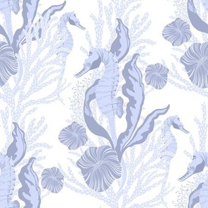 Seahorses Among the Seaweed in Blue Inspired by Block Print
